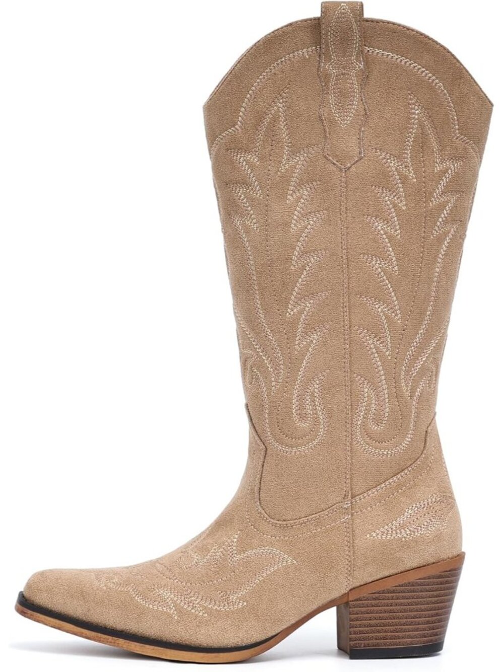 Women’s Apricot Pull-On Western Mid-Calf Cowboy Boots Snip Toe Chunky Block Heel - Picture 4 of 6